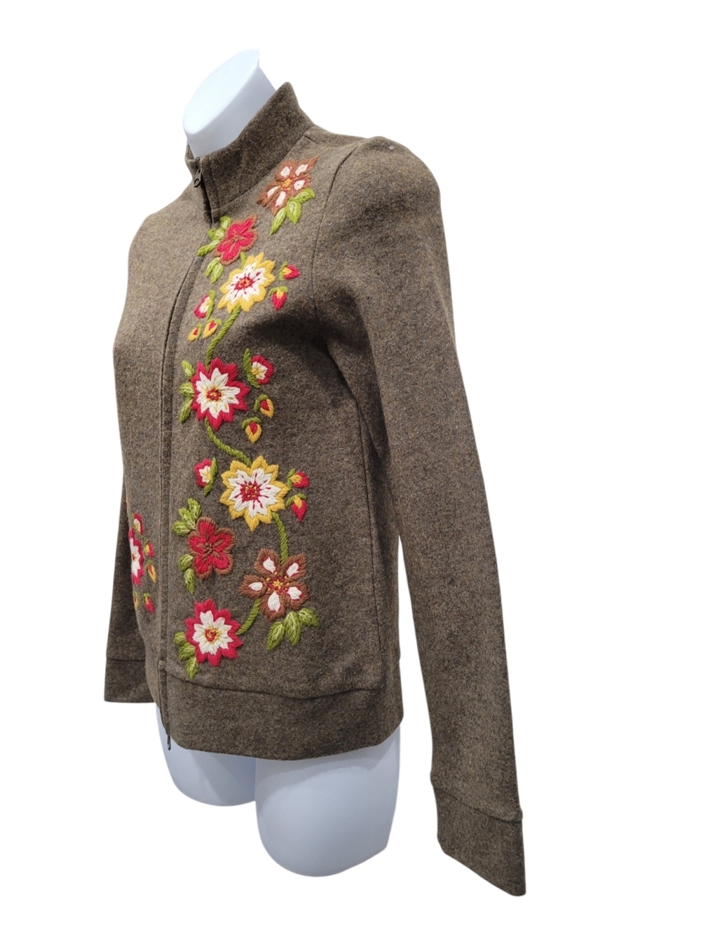 Y2K France Made 85% Wool Brown Embroidery Flower Zip Up Jacket Top Size: XS - Picture 2 of 9